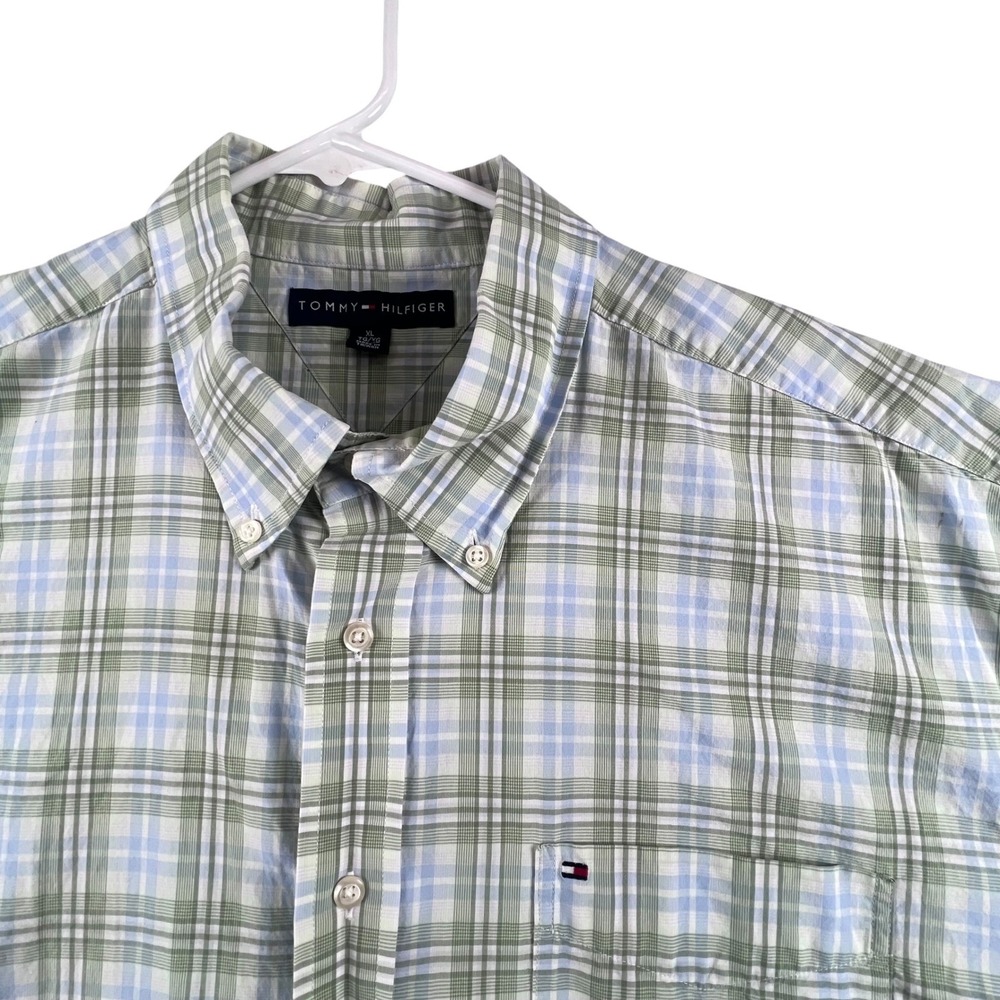 Tommy Hilfiger Button Down Shirt Mens XL Green Blue Plaid Short Sleeve Cotton